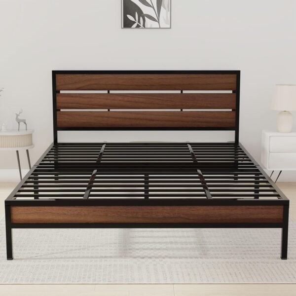 Krayog Elvo Queen Size Bed Frame | Sturdy Steel Structure with Wooden Headboard | Noise-Free | No Assembly Required | Modern Minimalist Design