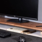 KRAYOG Wooden Long Monitor Stand for Computer & Laptop | Desktop Riser Shelf with Keyboard Storage | TV & Desk Stand with Black Legs (Walnut Finish)