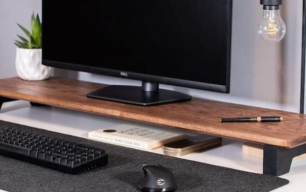 KRAYOG Wooden Long Monitor Stand for Computer & Laptop | Desktop Riser Shelf with Keyboard Storage | TV & Desk Stand with Black Legs (Walnut Finish)