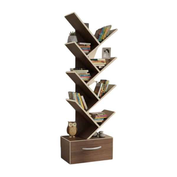 KRAYOG 8-Tier Tree-Shaped Wooden Bookshelf with Drawer – Freestanding Multi-Tier Rack for Living Room, Bedroom, Office & Study | 27.9D x 43.2W x 157.5H cm