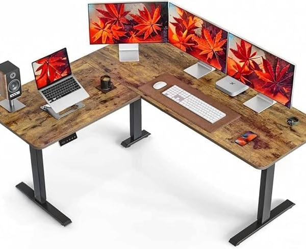 KRAYOG L-Shaped Electric Standing Desk | Height-Adjustable Single-Motor Sit-Stand Workstation | Ergonomic Home & Office Study Table with Spacious Desktop | DIY Assembly (Black & Brown)