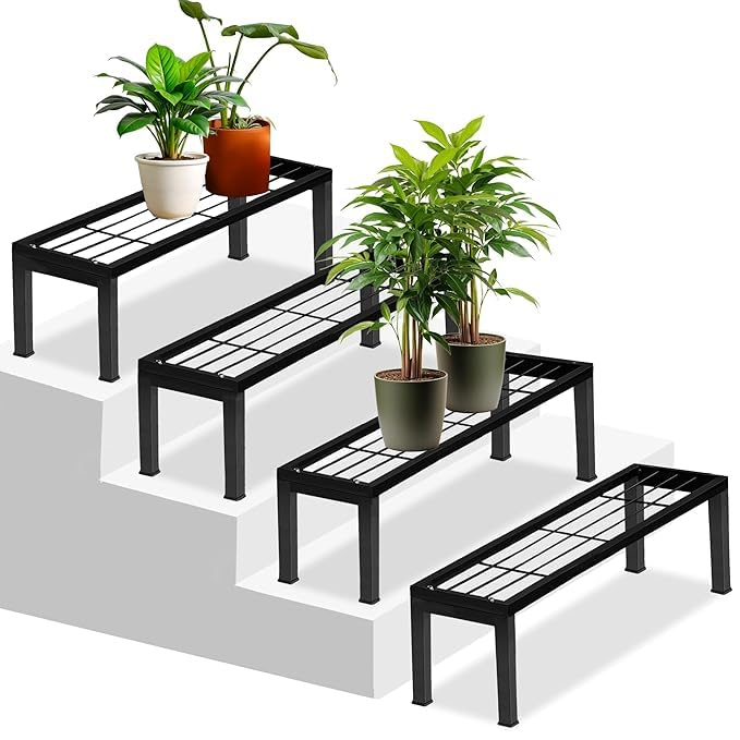 51mMsxht7fL KRAYOG Heavy-Duty Plant Stand for Balcony | 100 kg Capacity | 8-Inch Elevated Planter Stand | 24-Inch Flower Pot Holder | Outdoor Use | Set of 4 (Black) - Image 1