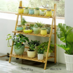 KRAYOG 3-Tier Bamboo Plant Stand | Wooden Planter Shelf for Indoor Living Room & Outdoor Balcony | Foldable Ladder Design