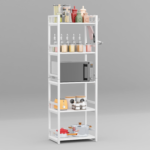 KRAYOG 5-Tier Multipurpose Storage Rack – Heavy Duty Metal & Wood Kitchen Organizer | Space-Saving Microwave Oven Stand for Modular Kitchen, Living Room, Bedroom & Office (MKR-005 / White & White)