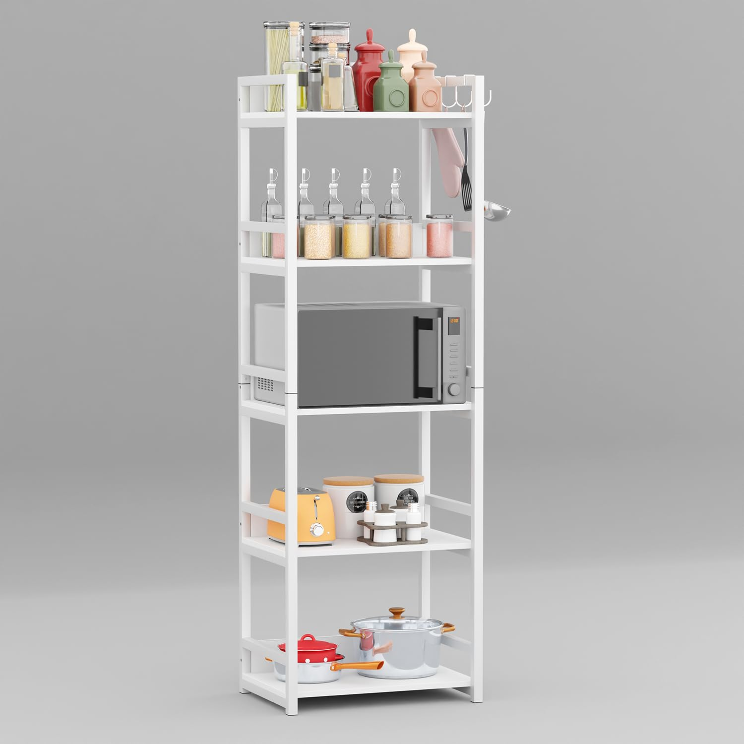 615rU7lrxTL._SL1500_ KRAYOG 5-Tier Multipurpose Storage Rack – Heavy Duty Metal & Wood Kitchen Organizer | Space-Saving Microwave Oven Stand for Modular Kitchen, Living Room, Bedroom & Office (MKR-005 / White & White) - Image 1