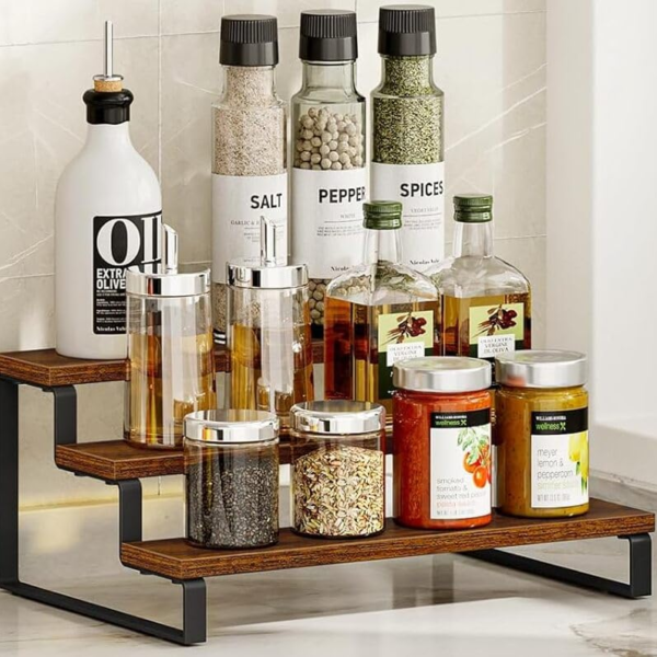 KRAYOG Wooden Display Riser Stand (3-Tier) – Brown Finish | Tiered Countertop Shelf Organizer for Kitchen Spices, Condiments, Perfume & Makeup | Multipurpose Display Rack