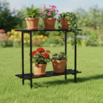 KRAYOG 2-Tier Metal Plant Stand Shelf for Home, Kitchen, Garden & Balcony | Heavy-Duty Powder-Coated Iron Storage Rack | Rust-Resistant Organizer (Black, 75 × 24 × 78 cm) – Set of 2