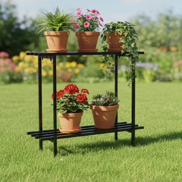 KRAYOG 2-Tier Metal Plant Stand Shelf for Home, Kitchen, Garden & Balcony | Heavy-Duty Powder-Coated Iron Storage Rack | Rust-Resistant Organizer (Black, 75 × 24 × 78 cm) – Set of 2