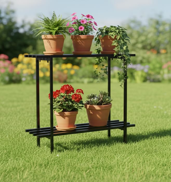 61IjlxiFViL KRAYOG 2-Tier Metal Plant Stand Shelf for Home, Kitchen, Garden & Balcony | Heavy-Duty Powder-Coated Iron Storage Rack | Rust-Resistant Organizer (Black, 75 × 24 × 78 cm) – Set of 2 - Image 1