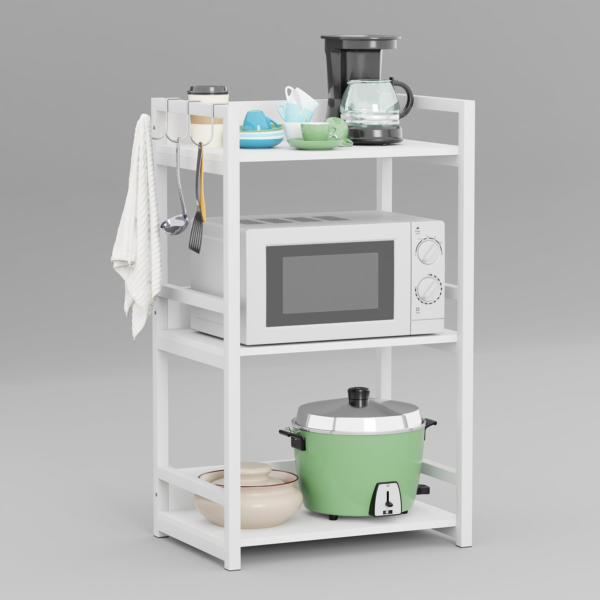 KRAYOG 3 Tier Multipurpose Storage Rack – Heavy-Duty Metal & Wood Kitchen Organizer | Space-Saving Microwave Oven Stand for Modular Kitchen, Living Room, Bedroom & Office (MKR-003, White & White)
