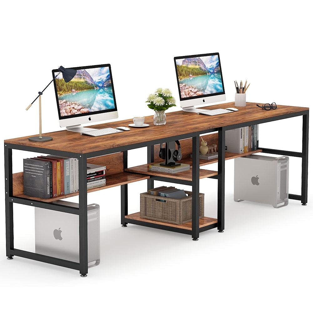61O3XCotlDL._SL1001_ KRAYOG Two-Person Desk – 200 cm Double Workstation for Home & Office – Computer Table with Bookshelf Storage – Brown Wood & Metal Frame – DIY Assembly - Image 1