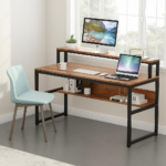 KRAYOG Brown Wood & Metal Computer Desk for Home or Office – 120×60×94 cm, DIY, with Lower Shelf & Monitor Riser
