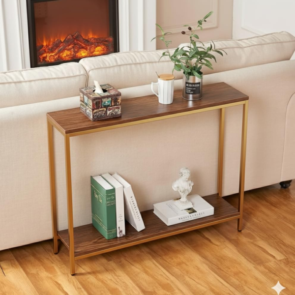 KRAYOG **Iron Frame Entryway Console Table with Storage – Premium 2-Tier Sofa Table, Slim End & Accent Display for Entryway, Living Room & Hallway (Gold & Wood Finish)**