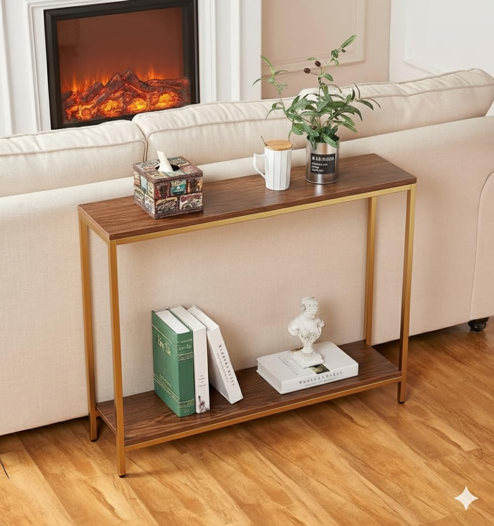 61UfhcyWqJL._SL1056_ KRAYOG **Iron Frame Entryway Console Table with Storage – Premium 2-Tier Sofa Table, Slim End & Accent Display for Entryway, Living Room & Hallway (Gold & Wood Finish)** - Image 1