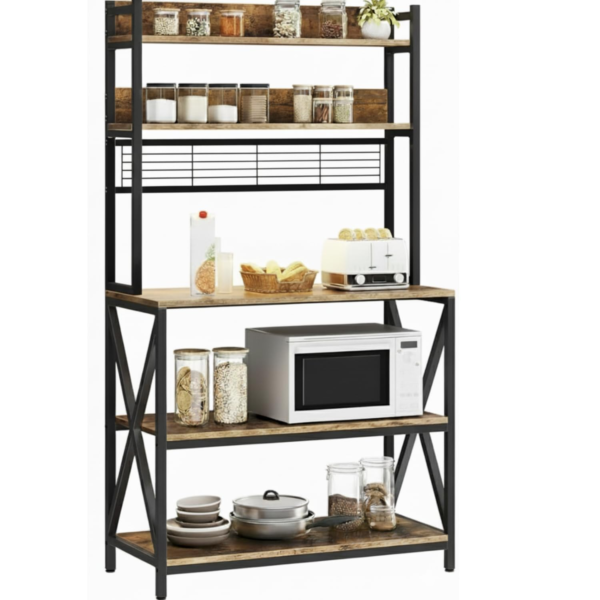 KRAYOG Lita Heavy Duty Microwave Oven Stand | 5-Tier Multi-Layer Kitchen Storage Rack | 60 x 40 x 170 cm | Black & Rustic Brown Finish | DIY Assembly
