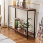 KRAYOG **Iron Frame Console Table with Storage – Premium 2-Tier Entryway & Sofa Table, Slim Accent Display for Living Room & Hallway (Black Walnut Finish)**
