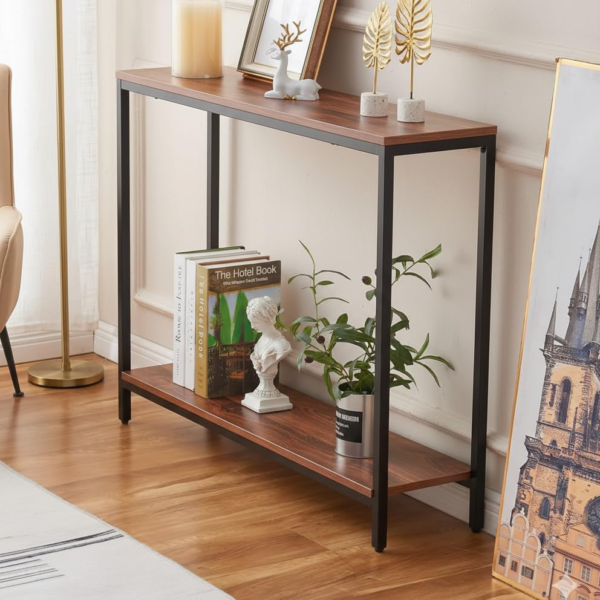 KRAYOG **Iron Frame Console Table with Storage – Premium 2-Tier Entryway & Sofa Table, Slim Accent Display for Living Room & Hallway (Black Walnut Finish)**