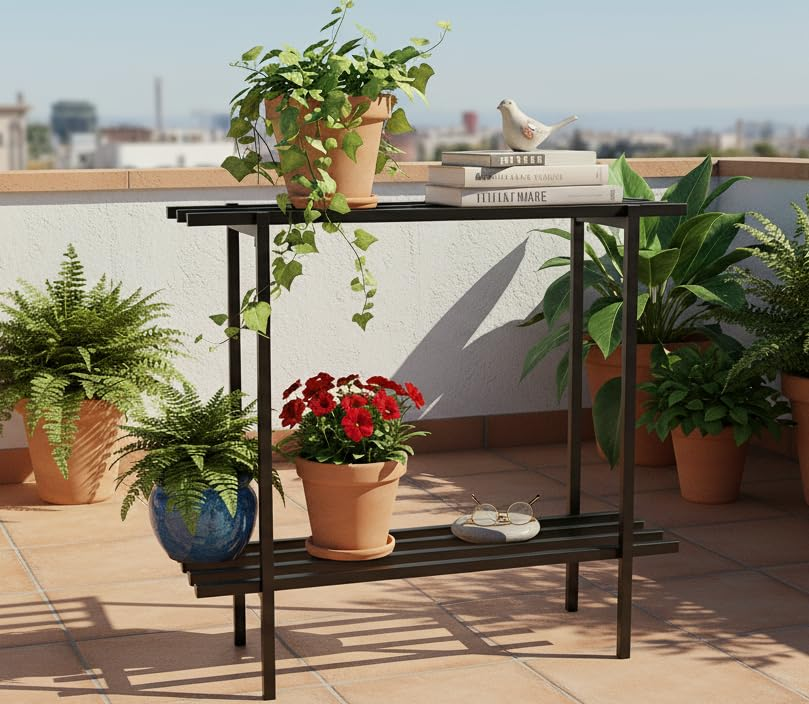 61pDFZO1+ML KRAYOG 2-Tier Metal Shelf Stand for Home, Kitchen, Garden & Balcony | Heavy-Duty Powder-Coated Iron Storage Rack | Rust-Resistant Multipurpose Organizer (Black, 150 × 24 × 78 cm) – Set of 2 - Image 1