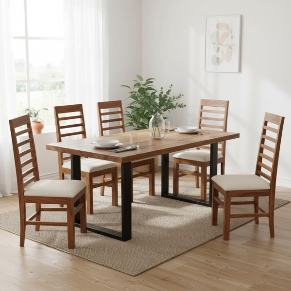 KRAYOG Dining Table – Pure Sheesham Wood Top with CR Iron Legs (Plain Design, 175 x 90 cm)