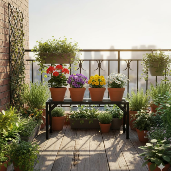 KRAYOG  Single-Step Plant Stand & Pot Holder | Black Iron Garden Bench for Roof, Balcony, and Outdoor Use