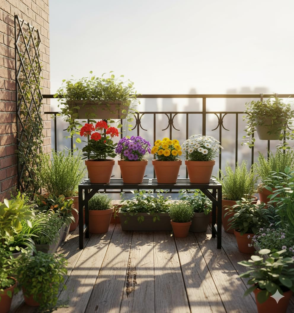 710g7D6c+nL._SL1056_ KRAYOG Single-Step Plant Stand & Pot Holder | Black Iron Garden Bench for Roof, Balcony, and Outdoor Use - Image 1