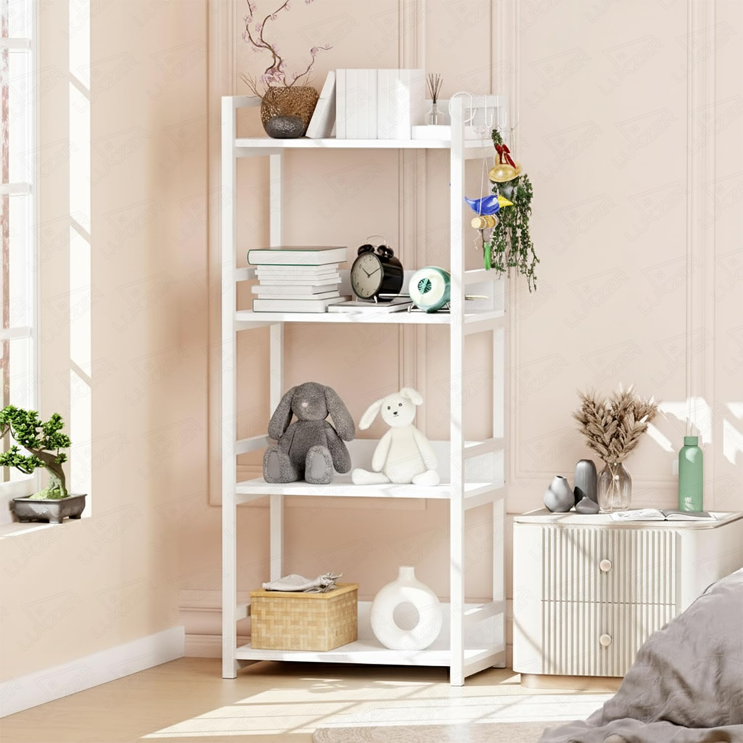 710yvmvc8gL._SL1500_ KRAYOG 4-Tier Multipurpose Storage Rack – Heavy Duty Metal & Wood Kitchen Organizer | Space-Saving Microwave Oven Stand for Modular Kitchen, Living Room, Bedroom & Office (MKR-004 / White & White - Image 1