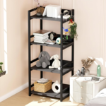 KRAYOG 4-Tier Multipurpose Storage Rack – Heavy Duty Metal & Wood Kitchen Organizer | Space-Saving Microwave Oven Stand for Modular Kitchen, Living Room, Bedroom & Office (MKR-004 / Black & Black)
