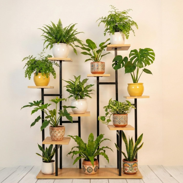 KRAYOG 8-Tier Vertical Wooden Plant Stand | Tall Indoor Flower Pot Holder | Multi-Level Wood Display Rack for Home, Living Room, Balcony & Garden | Pack of 1