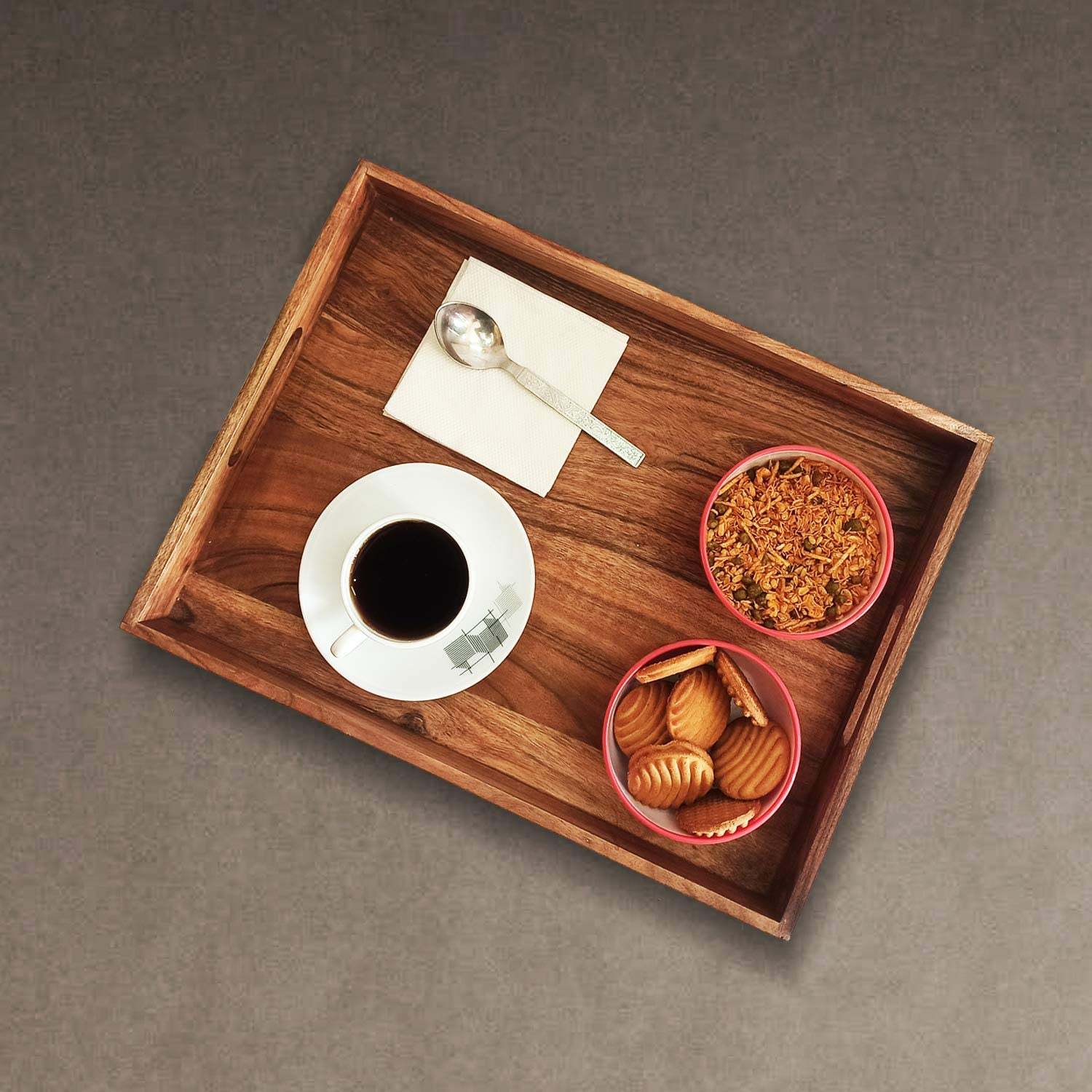 7199mGBE+kL._SL1500_ KRAYOG Hamdan Large Rectangular Serving Tray with Cutout Handles – Wooden Butler Tray for Breakfast in Bed, Coffee Table Décor & Parties (Brown Finish) - Image 1