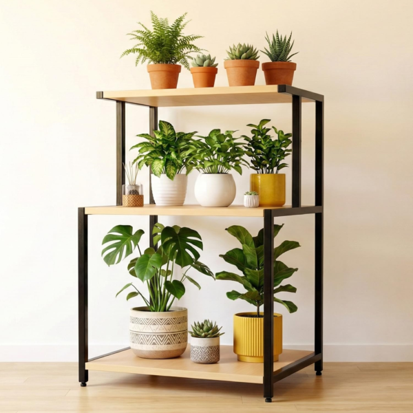 KRAYOG 3-Tier Wooden Plant Stand with Rectangular Base | Indoor Corner Multi Flower Pot Holder | Wood Display Rack for Home, Balcony & Garden | Pack of 1