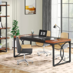 KRAYOG Large 160 CM Office Table | D-Type Computer Desk for Home Office | Spacious Workstation in Black & Rustic Brown