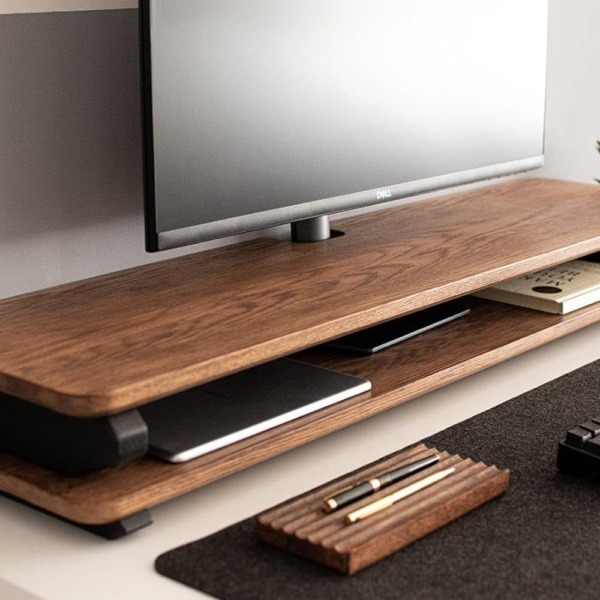 KRAYOG Wooden Monitor Stand Riser with Storage Organizer & Cable Management Hole for Desk, Office, Home & Study Table – 80 cm Length (Black Legs)