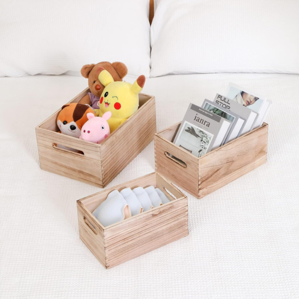 KRAYOG Set of 3 Solid Wood Nesting Storage Crates with Handles – Handcrafted Farmhouse Decorative Wooden Containers, Natural Finish