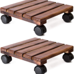 KRAYOG 12-Inch Heavy Duty Square Roller Plant Caddy – Sheesham Wood Flower Pot Stand with Lockable Wheels for Indoor & Outdoor Use, Wooden Plant Dolly (Set of 2, Brown)