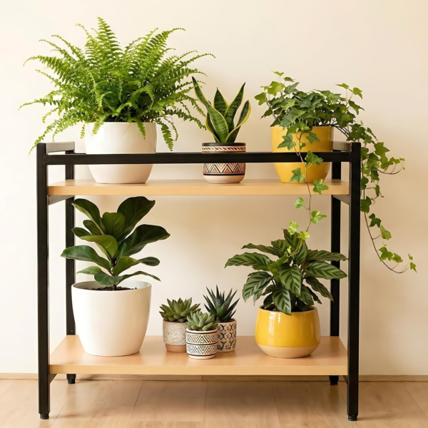 KRAYOG 2-Tier Wooden Plant Stand with Rectangular Base | Multi-Pot Flower Holder for Indoor Spaces | Wood Display Rack for Home, Balcony & Garden (Pack of 1)  Meta Description: