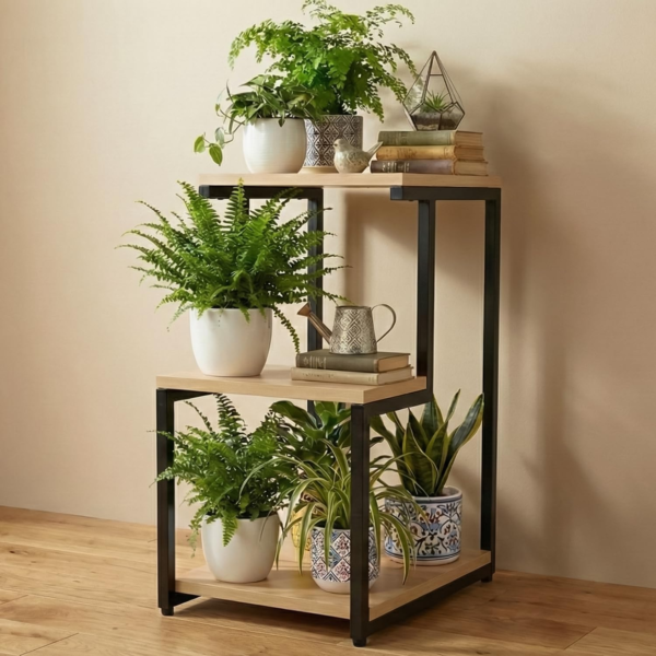 KRAYOG 3-Tier Wooden Plant Stand with Rectangular Base | Multi-Pot Flower Holder for Indoor Corners | Wood Display Rack for Home, Balcony & Garden (Pack of 1)