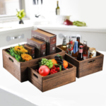 KRAYOG Set of 3 Wooden Nesting Storage Crates with Handles – Handcrafted Solid Wood Farmhouse Storage Baskets, Natural Unfinished Brown Decorative Containers