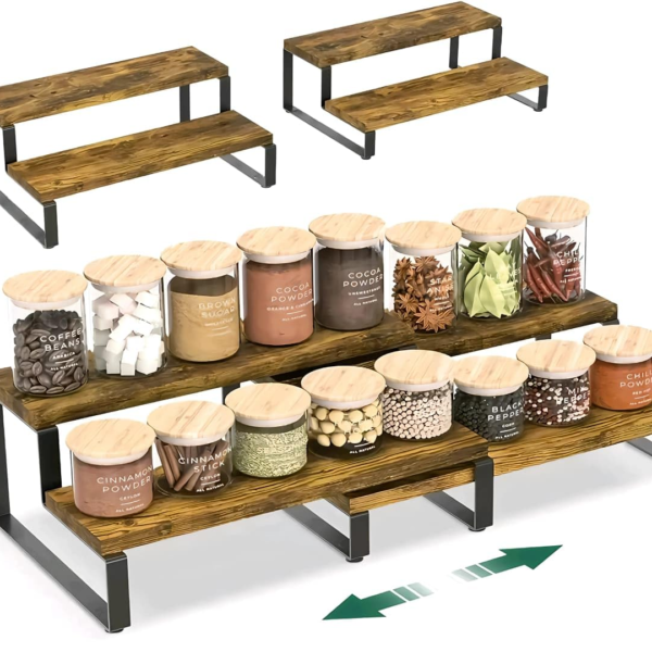 KRAYOG Wooden Display Riser Stand (2+2 Tier) – Brown | Tiered Countertop Shelf Organizer for Kitchen Spices, Condiments, Perfume & Makeup | Multipurpose Wood Display Rack
