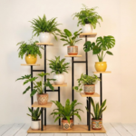 KRAYOG 8-Tier Vertical Wooden Plant Stand | Tall Indoor Flower Pot Holder | Multi-Level Wood Display Rack for Living Room, Balcony & Garden (Pack of 1)
