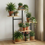 KRAYOG 4-Tier Wooden Plant Stand with Square Base | Indoor Corner Flower Pot Holder | Multi-Level Wood Display Rack for Home, Balcony & Garden | Pack of 1