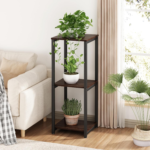 KRAYOG 3-Tier Metal Plant Stand for Indoor & Outdoor Use – Modern Corner Flower Pot Holder & Display Shelf for Living Room, Garden & Balcony (Black & Brown)
