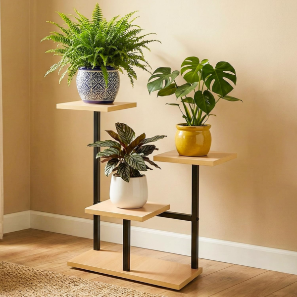 KRAYOG 3-Tier Wooden Plant Stand with Square Base | Multi Flower Pot Holder for Indoor Corners | Wood Display Rack for Living Room, Balcony & Garden | Pack of 1