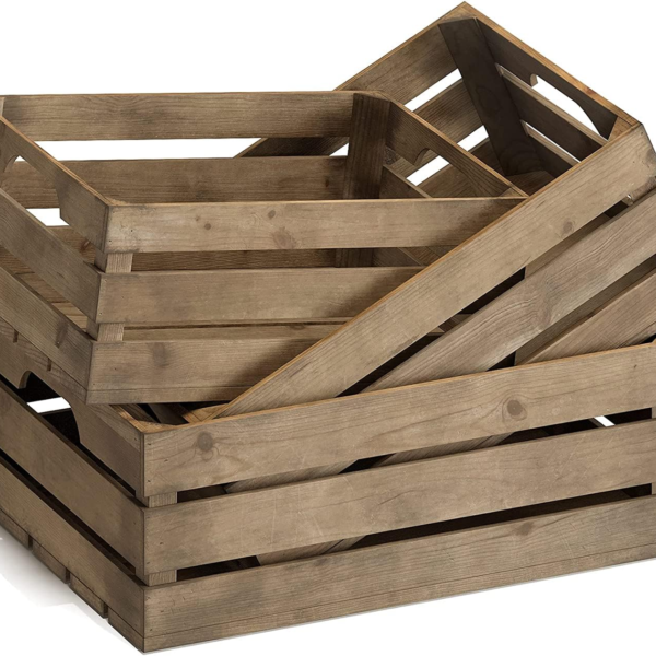 KRAYOG Rustic Solid Wood Display Crates – Set of 3 Nesting Wooden Storage Boxes with Handles, Farmhouse Style Milk Crate Organizer (Brown Finish)**