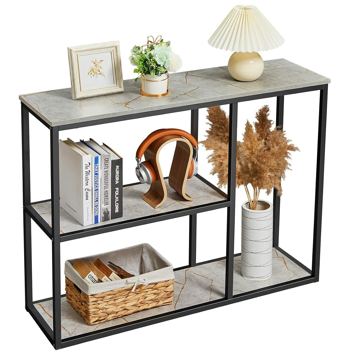 71imAV9N1CL._SL1500_ KRAYOG **Console Table – 12-Inch Narrow Sofa Table with 3-Tier Storage Shelves | 31.5-Inch Industrial Entryway Table for Living Room, Corridor & Hallway | Grey Marble Finish** - Image 1