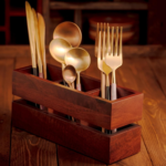 KRAYOG Premium Wooden Cutlery Organizer Caddy with 3 Compartments – Spoon & Flatware Holder for Kitchen Counter, Silverware & Tissue Storage | Mahogany Finish (9.1 x 3.9 x 3 Inch)