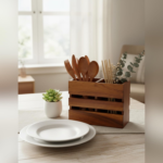 KRAYOG Wooden Spoon, Fork & Napkin Holder for Dining Table & Kitchen | Countertop Cutlery Organizer | 2-Section Wooden Storage Caddy for Home & Office Use