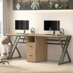 KRAYOG Two-Person Desk – 240×60×75 cm, Brown Wood, DIY Computer Workstation with 2 Drawers and 1 Shelf, Ideal for Home or Office