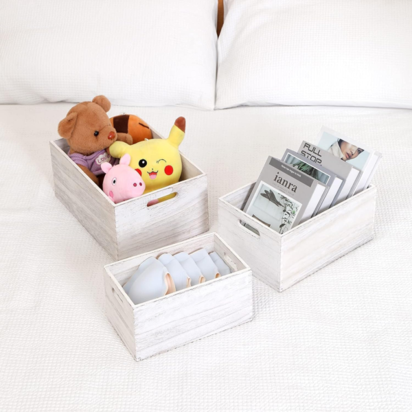KRAYOG Set of 3 Rustic White Wooden Nesting Storage Crates with Handles – Handcrafted Solid Wood Farmhouse Decorative Storage Containers