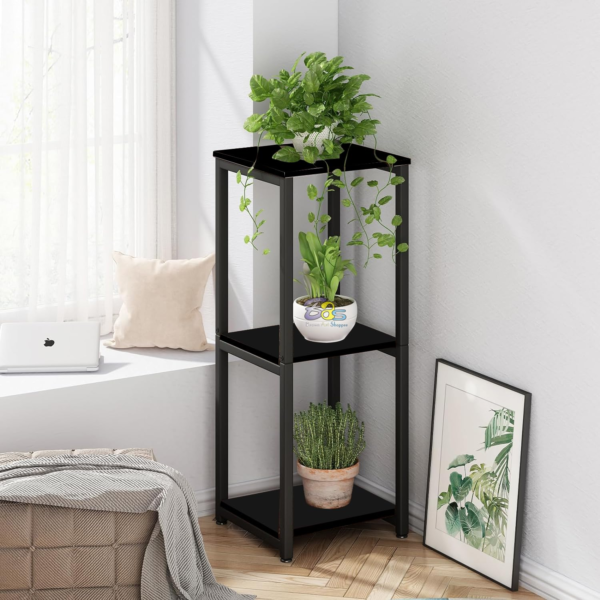 KRAYOG 3-Tier Metal Plant Stand for Indoor & Outdoor Use – Modern Corner Flower Pot Holder & Plant Display Shelf for Living Room, Garden & Balcony (Black)