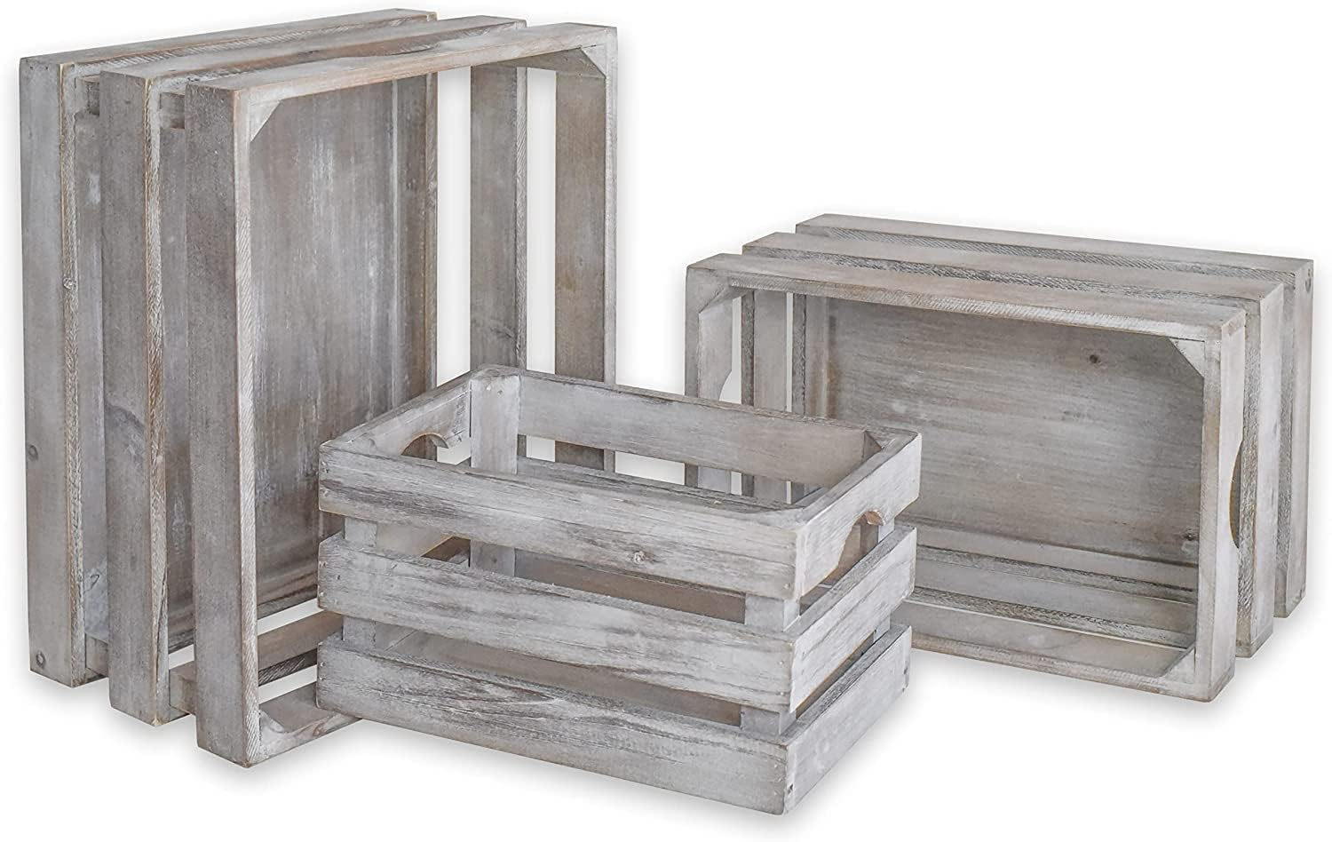 71x7R9-nLIL._SL1500_ KRAYOG Set of 3 Handcrafted Wooden Nesting Crates with Handles – Decorative Farmhouse Solid Wood Storage Baskets, Natural Unfinished Finish (Grey) - Image 1